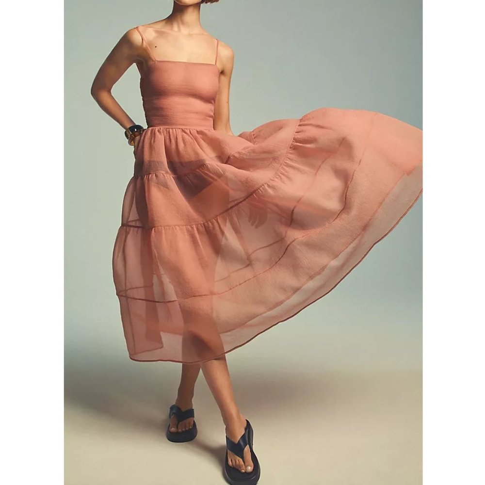 NWT Anthropologie OhSevenDays Tiered Sheer Midi Dress Nude Peach XS 💛 SMALL FLAW